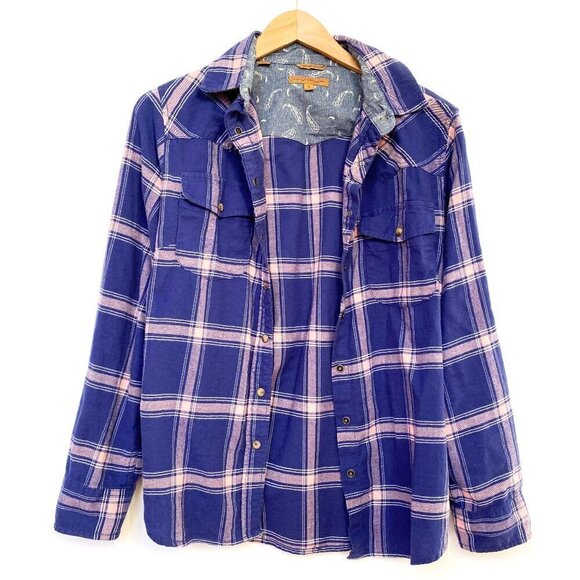 Jachs Girlfriend Womens Purple Plaid Flannel Shirt Pearl Snap Buttons Tab Sleeve - Picture 2 of 12